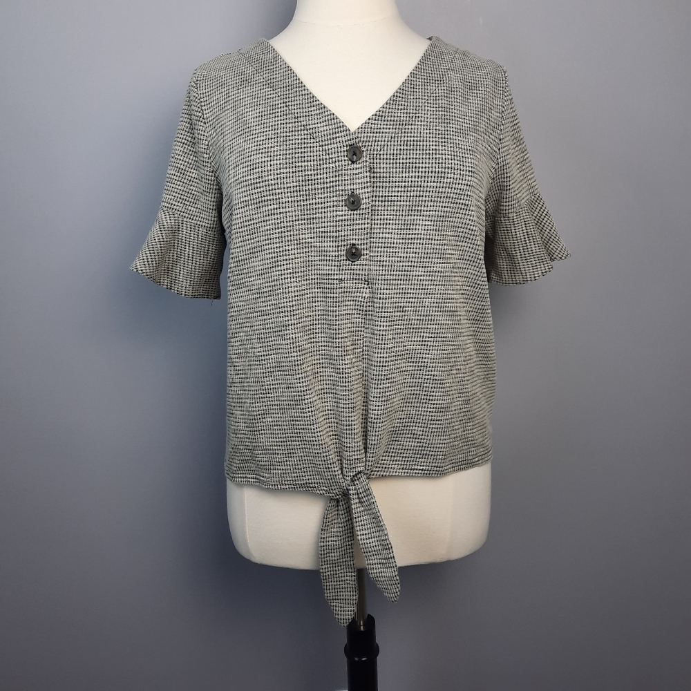 Lauren Conrad Black and Tan Checkered Tie Front Ruffle Sleeve Blouse size XXL